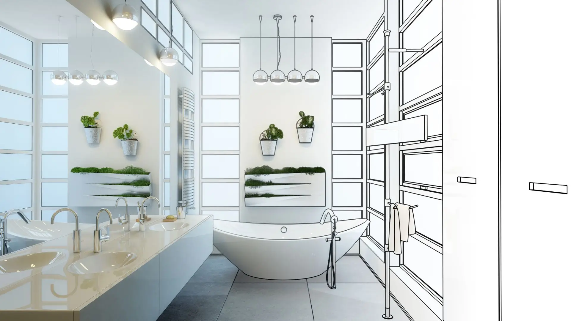 A modern bathroom remodeling concept transitioning from a design sketch to a fully completed space.